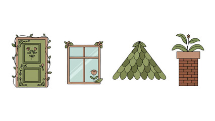 Whimsical handdrawn house elements green door window roof and chimney with plants and flowers.