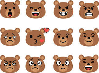 Obraz premium Set of cute brown teddy bear emoticons with diverse facial expressions including happy angry sad surprised winking and laughing for social media.