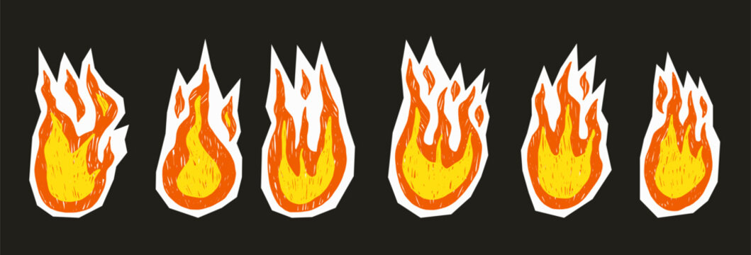 Fire flames collage paper cutouts icons. Pastel or crayon pencil texture grill shapes. Doodle flames vector illustration set with rough texture, scrapbook graphics. Stickers hot bonfire elements.