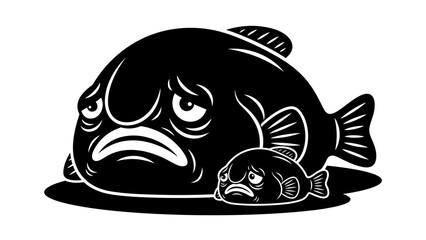 Fototapeta premium A black and white vector illustration of an angry large fish and a small fish