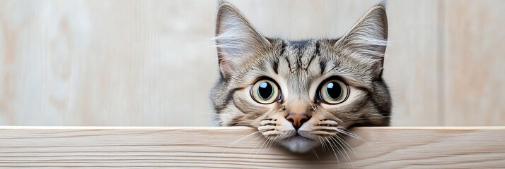 Adorable Tabby Cat with Brown Mottled Fur Peeking Over a Wooden Desk, Showing Affectionate Emotions