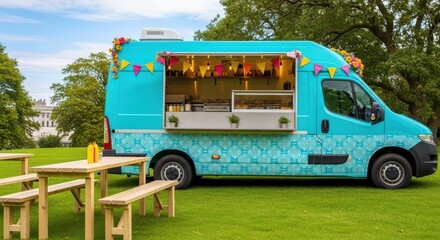 Mobile Culinary Oasis: A vibrant, turquoise food truck offers a delightful array of culinary creations, inviting customers to savor delicious meals on the go.
