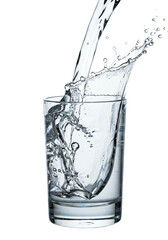 A flawless glass receives a powerful water stream, frozen mid-impact with micro-splashes, air bubbles, and reflection on a white studio background, back-lit extreme close-up. Concept of liquid purity