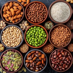 Fototapeta premium Assorted Nuts and Seeds in Bowls on Dark Background