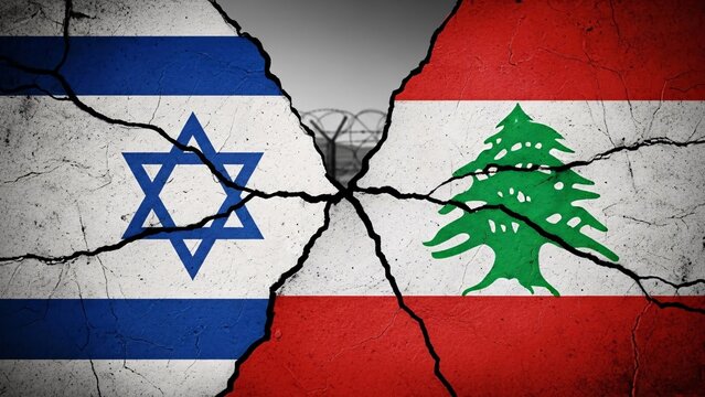 Cracked flags of israel and lebanon