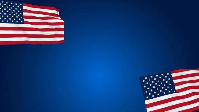 A patriotic scene with waving American flags against a deep blue gradient background, symbolizing national pride and unity from a dynamic viewpoint