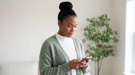 African female adult using smartphone in cozy home environment