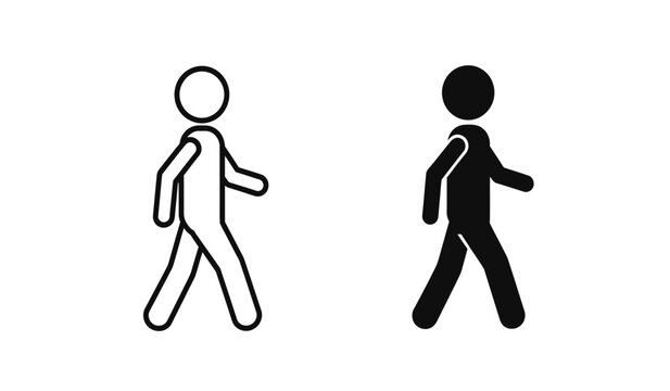 Two stick figures walking side by side in black and white colors on a plain background