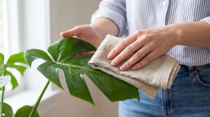 Caucasian adult cleaning monstera plant leaf indoors with cloth for home care