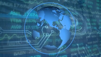 Animation of computer circuit board and financial data processing over globe - Powered by Adobe