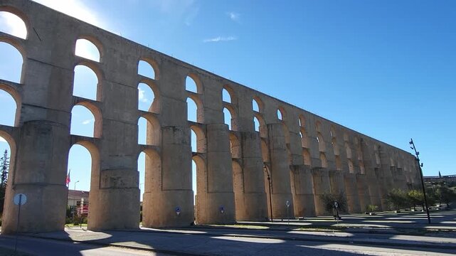 Roman aqueduct of Elvas, Portugal. Panoramic view of a four-tiered Roman aqueduct. Ancient Roman construction.