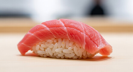 Delicious close-up of nigiri sushi with vibrant red tuna and perfectly seasoned rice, a quintessential Japanese delicacy.