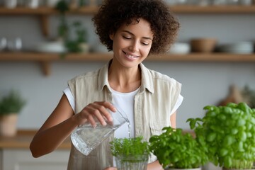 Young adult female watering indoor herbs in kitchen setting