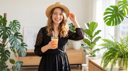 Happy young caucasian woman in black dress drinking juice in sunny living room
