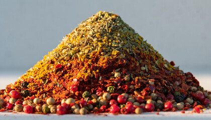 A vibrant pile of colorful spices and herbs on a white surface