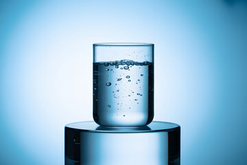 A Glass of Refreshing Water with Bubbles on a Blue Background