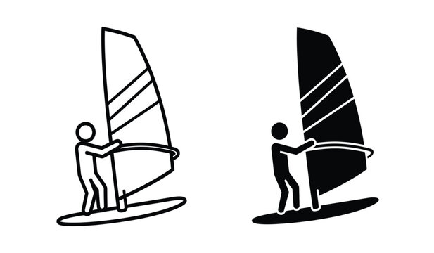 Black and white windsurfing icons with stick figures holding sailboards