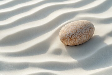 Natural beige stone podium on white wavy sand texture background. Zen spa mineral pebble aesthetic product display concept top view