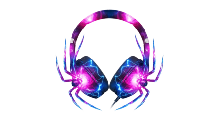 Neon lit headphones isolated on transparent background