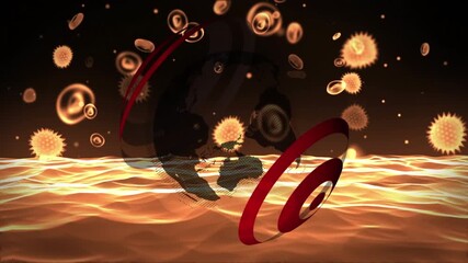 Animation of spinning globe over digital wave and covid-19 cells against orange background - Powered by Adobe