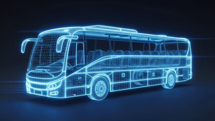 Futuristic Blue Wireframe Bus Hologram on Dark Background.