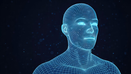 Futuristic Blue Wireframe Human Head with Glowing Eyes on Dark Background.