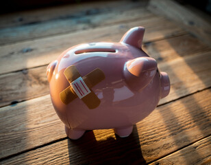 Pink piggy bank with adhesive bandage on side