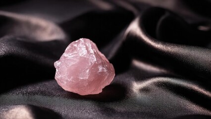 pink rose quartz crystal resting on dark satin fabric Concept Pink Rose Quartz, Dark Satin Backdrop, Soft Lighting, Velvet Texture, Elegant Still Life