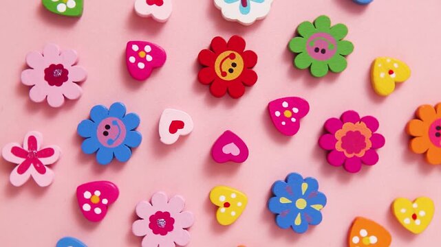 A vibrant of colourful beads shaped like flowers and hearts, featuring cheerful patterns and smiley faces on soft pink background. For a joyful presentation background