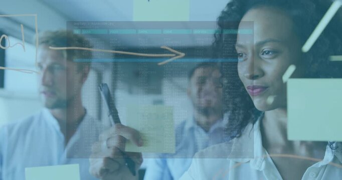 Animation of data processing against african american woman sticking memo notes at office