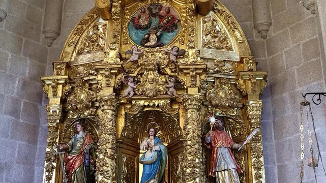Chapel of the Tabernacle. C&aacute;ceres Cathedral. 18th-century Baroque altarpiece. Polychrome ornate Baroque altarpiece. Spanish religious art.