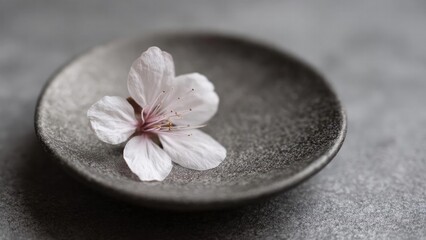 A single pale pink cherry blossom rests on a shallow, speckled gray ceramic plate. Concept Close-up floral, Pale pink cherry blossom, Minimalist still life, Speckled gray ceramic plate