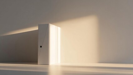 White binder standing upright on a sunlit desk, casting long shadows on a plain wall. Concept Minimalist desk setup, Sunlit interior, White binder centerpiece, Long wall shadows, Bright airy mood