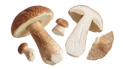 assortment of fresh porcini mushrooms in various sizes and cuts, including whole mushrooms