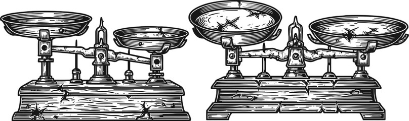 Antique balance scales vintage weighing device with two round pans on solid base