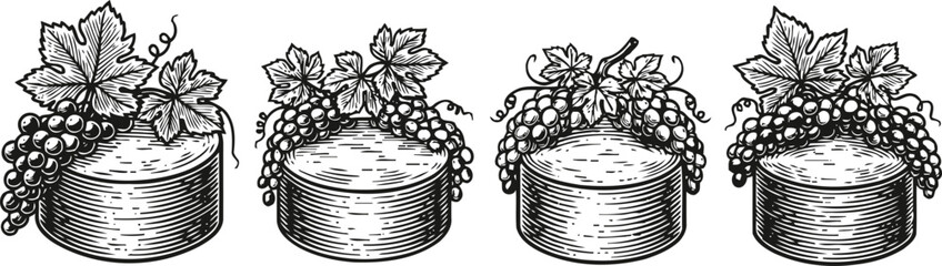 Round cheese wheels with grape clusters and vine leaves, vintage food illustration