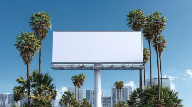 A blank billboard, perfectly positioned amidst swaying palm trees against the backdrop of a bright sky and city skyline. A great choice for your advertisement