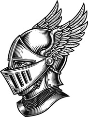 Winged medieval knight helmet with detailed engraving and chainmail collar in vintage