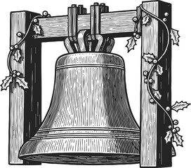 Vintage bell hanging on wooden frame decorated with holly leaves and berries engraving