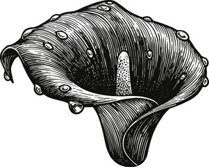 Illustration of a black and white calla lily flower with detailed texture and water droplets