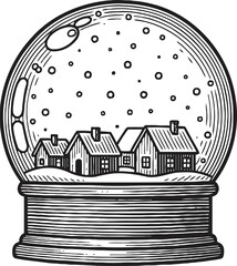 Vintage snow globe with cozy houses inside, hand drawn winter holiday decoration design