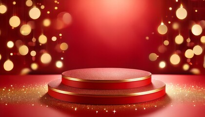 Luxurious Red Podium With Golden Bokeh Lights For Celebrations