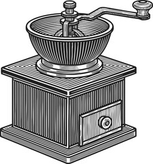 Vintage manual coffee grinder with hand crank and wooden base, classic kitchen appliance illustration