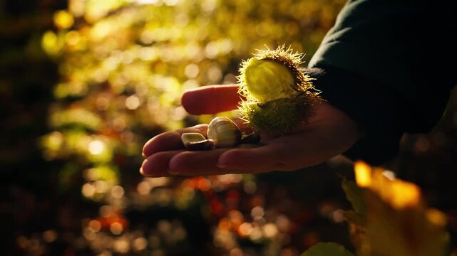 Close up scene of a hand holding wild chestnuts in a sunlit autumn forest, warm golden bokeh, shallow depth of field, natural woodland mood, calm seasonal atmosphere