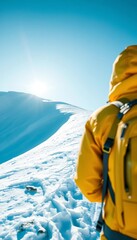 Bright yellow jacket blurs down powdery slope under clear blue sky, backpack secure,  winter,  recreation