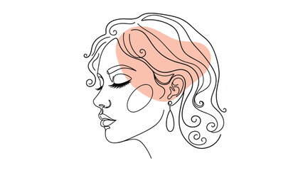 Minimalist line art portrait of a woman profile with flowing hair and a soft pink abstract shape in the background for modern decor.