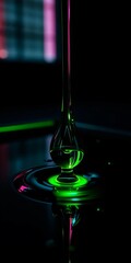 Cybernetic olive oil drop bleeds neon green on stark black Dutch angle reveals synthetic aroma ,  neon,  essence