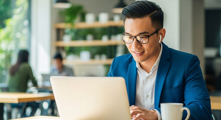 Smiling Asian businessman with glasses wearing earbuds, working on a laptop in a bright co-working space, modern office lifestyle