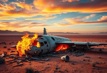 Fiery wreckage of a jet aircraft scattered across a desert landscape,  flames,  fire