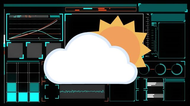 Animation of sun and cloud icon over data processing on black background